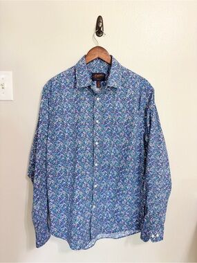 Egara Men's Slim Fit Blue All Over Floral Long Sleeve Dress Shirt